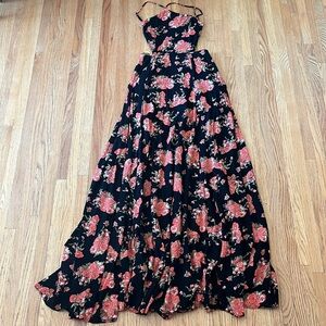 Reformation Black and Red/Orange Floral Cutout Open Back Halter Style Maxi Dress